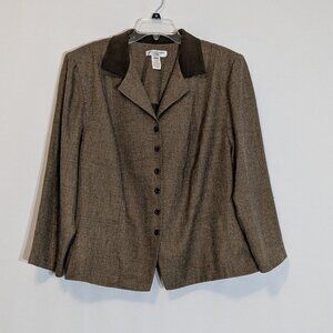 LADY DORBY Brown Tweed w Faux Suede Collar, Short Button Jacket; Size 24W